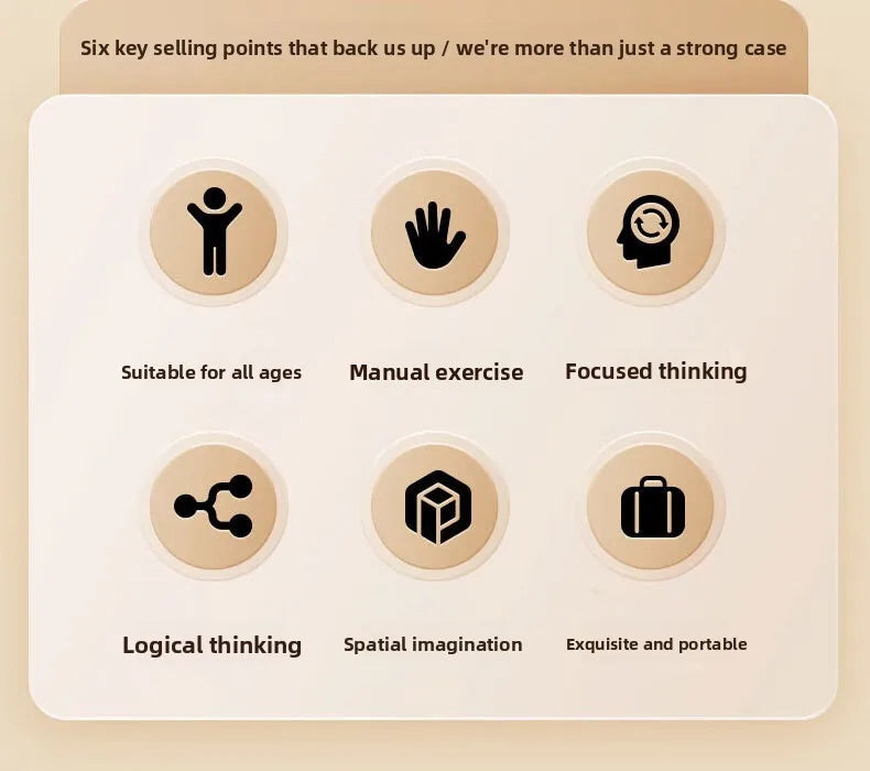 A graphic listing six selling points for a wooden magic box puzzle including suitability for all ages, manual exercise, focus