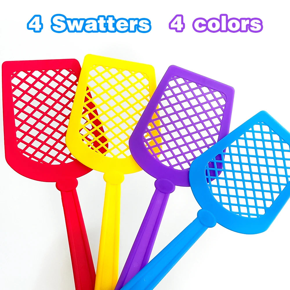 A set of four colorful fly swatters in red, yellow, purple, and blue for a kids' learning toy.