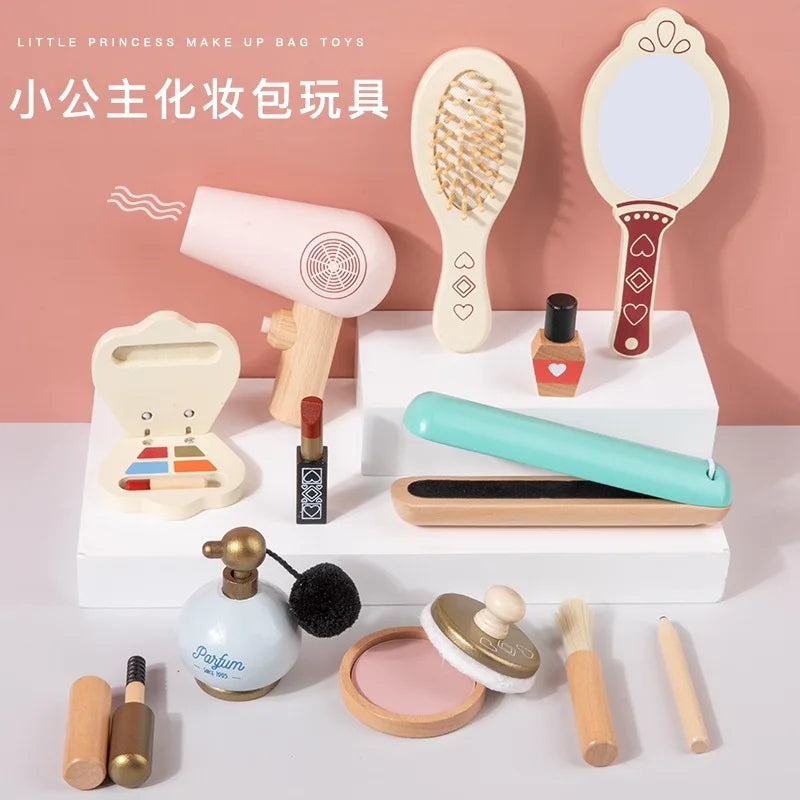 Wooden Pretend Play Makeup Set with Dressing Table & Makeup Bag
