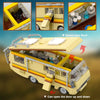 A yellow RV building block model kit with a removable roof and an opening door.