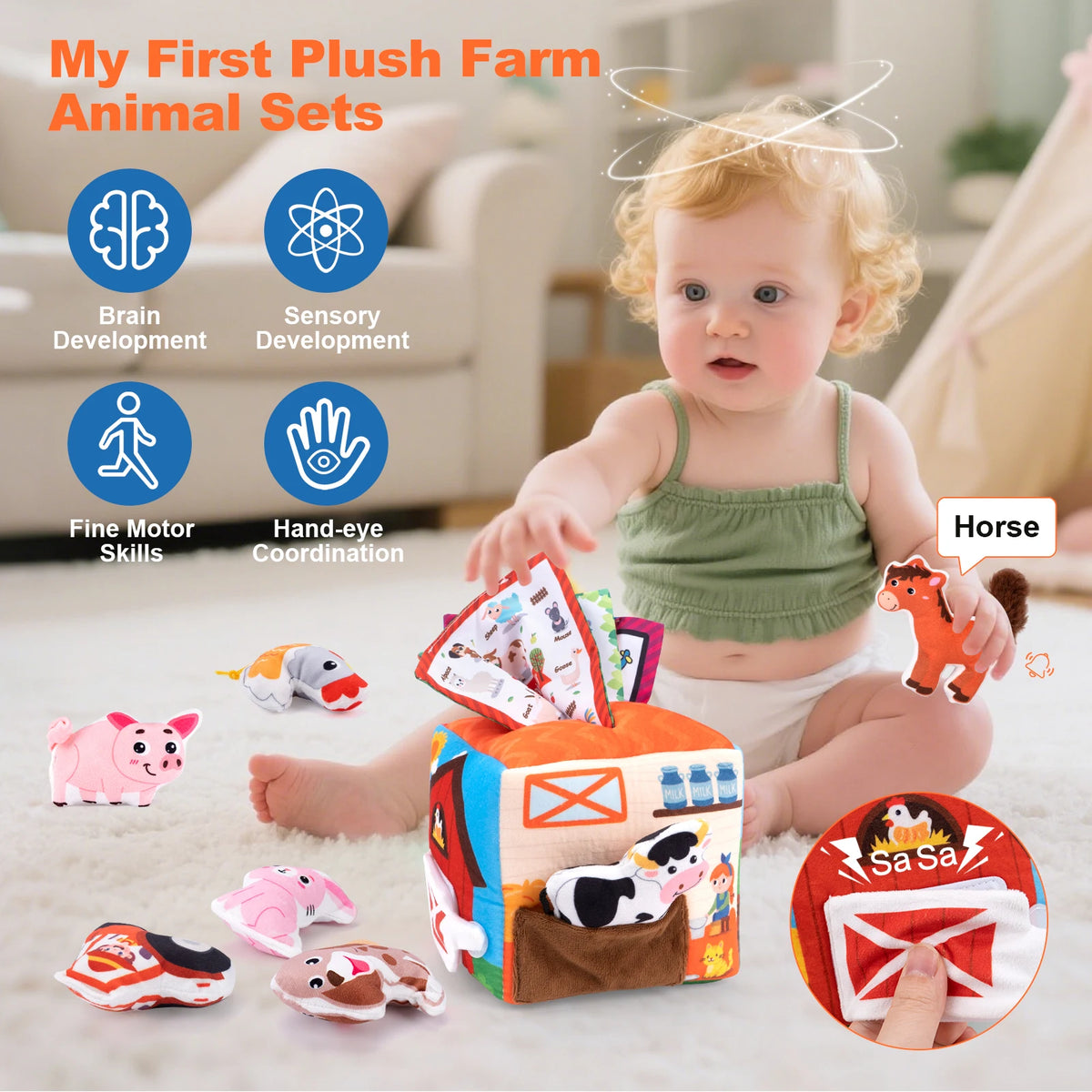 A baby is playing with a plush farm animal set including a horse and other animals for sensory development.
