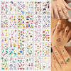 A grid of colorful temporary tattoos featuring various designs for kids and adults.