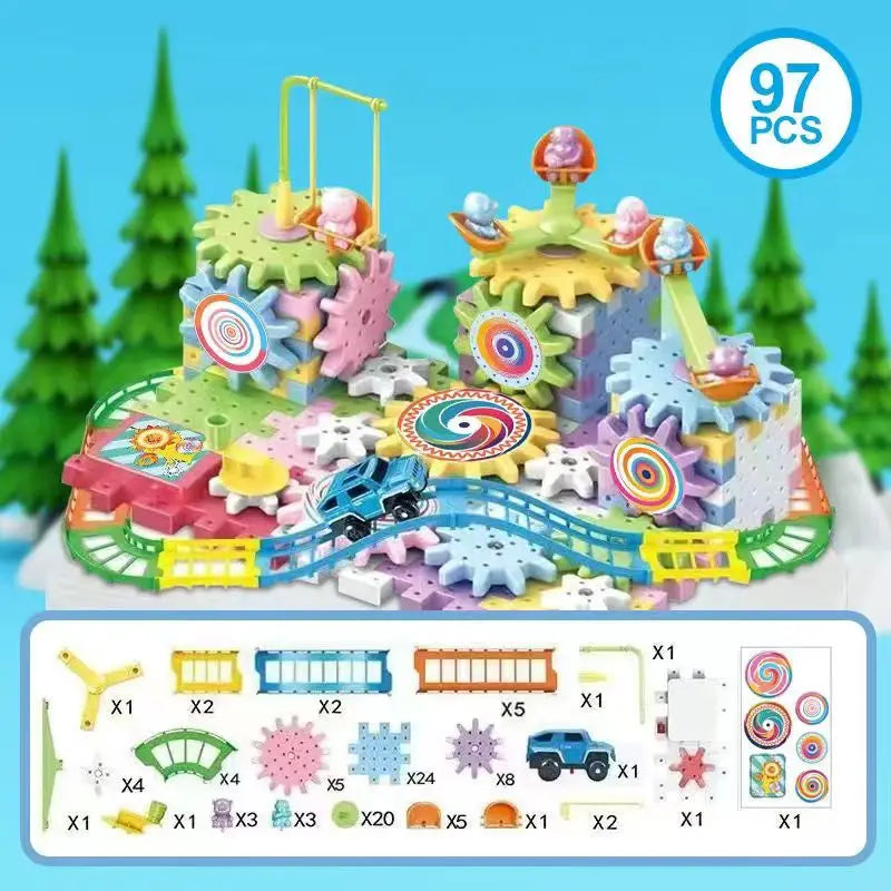 A set of motorized gear building blocks featuring a rail car and various components for construction.