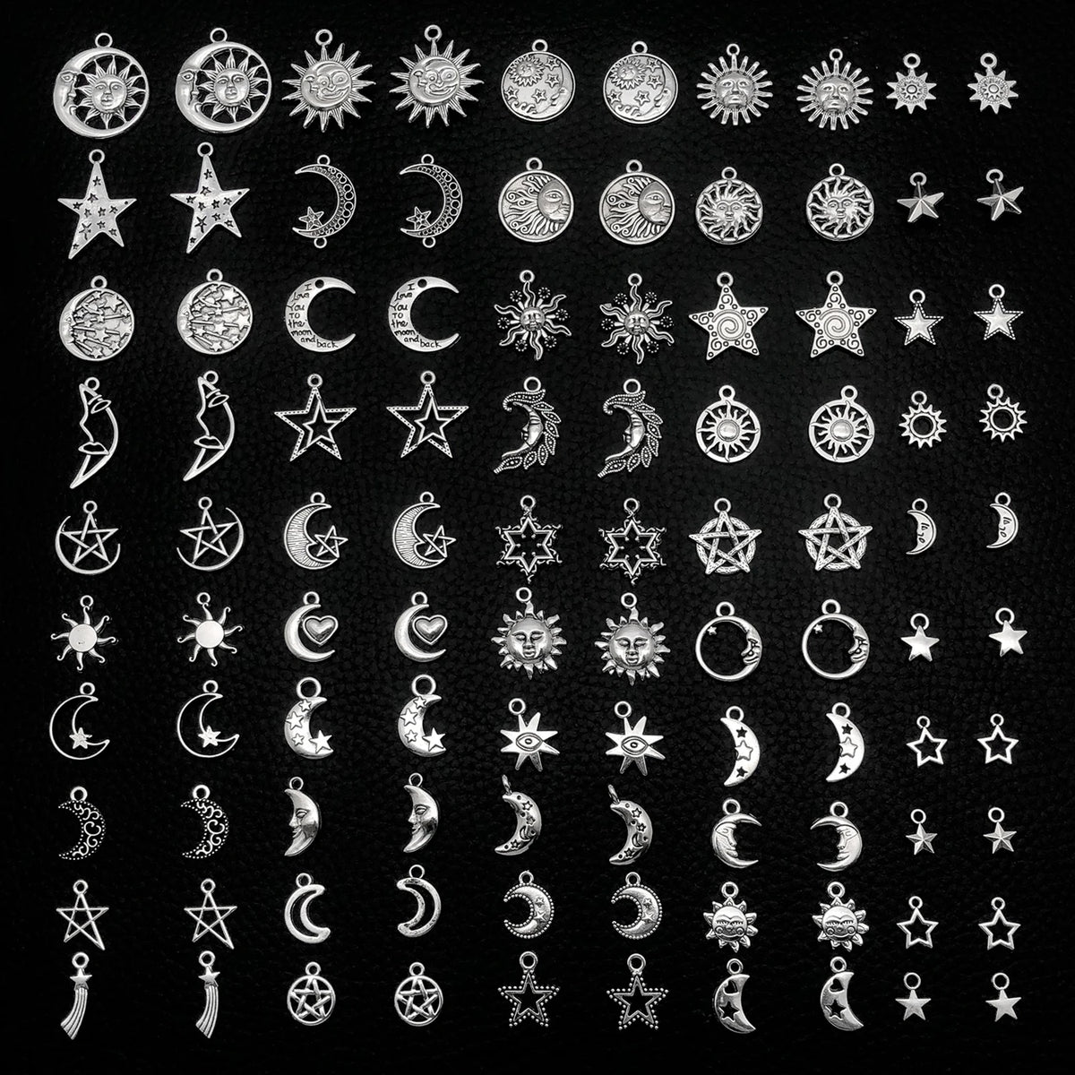Celestial Charm Assortment – Vintage Silver Stars, Moons & Suns for Jewelry Making