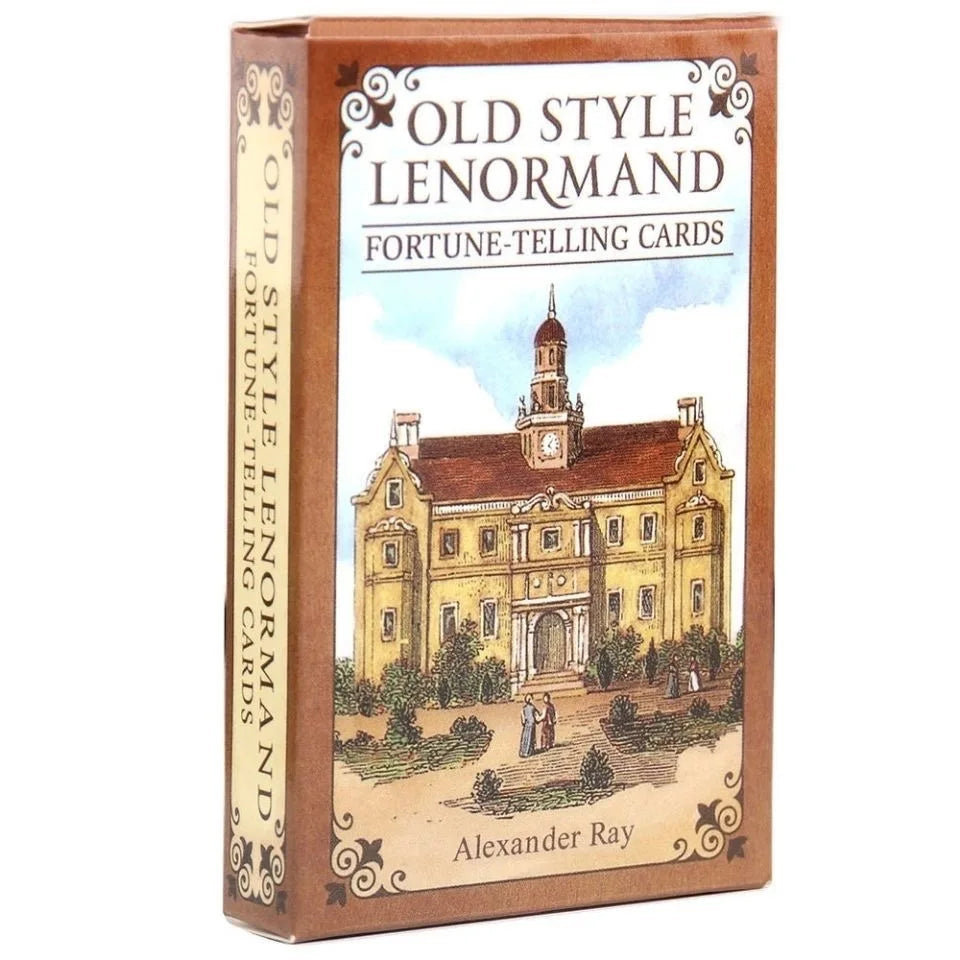 A box of Old Style Lenormand fortune-telling cards with an illustration of a classical building.
