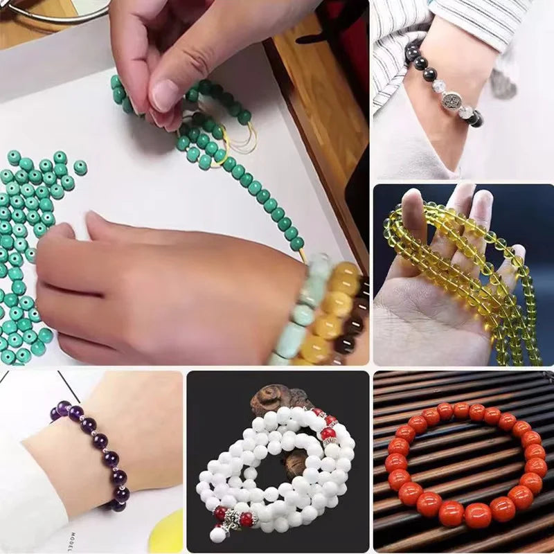 Various elastic beading cords and stretch bracelets in green, yellow, and orange colors