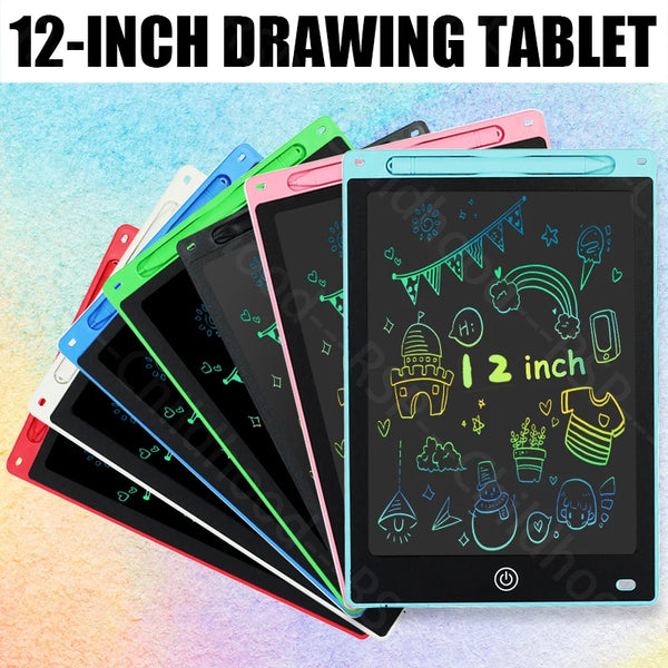 A stack of colorful 12-inch digital drawing tablets with various colored cases and screen designs.