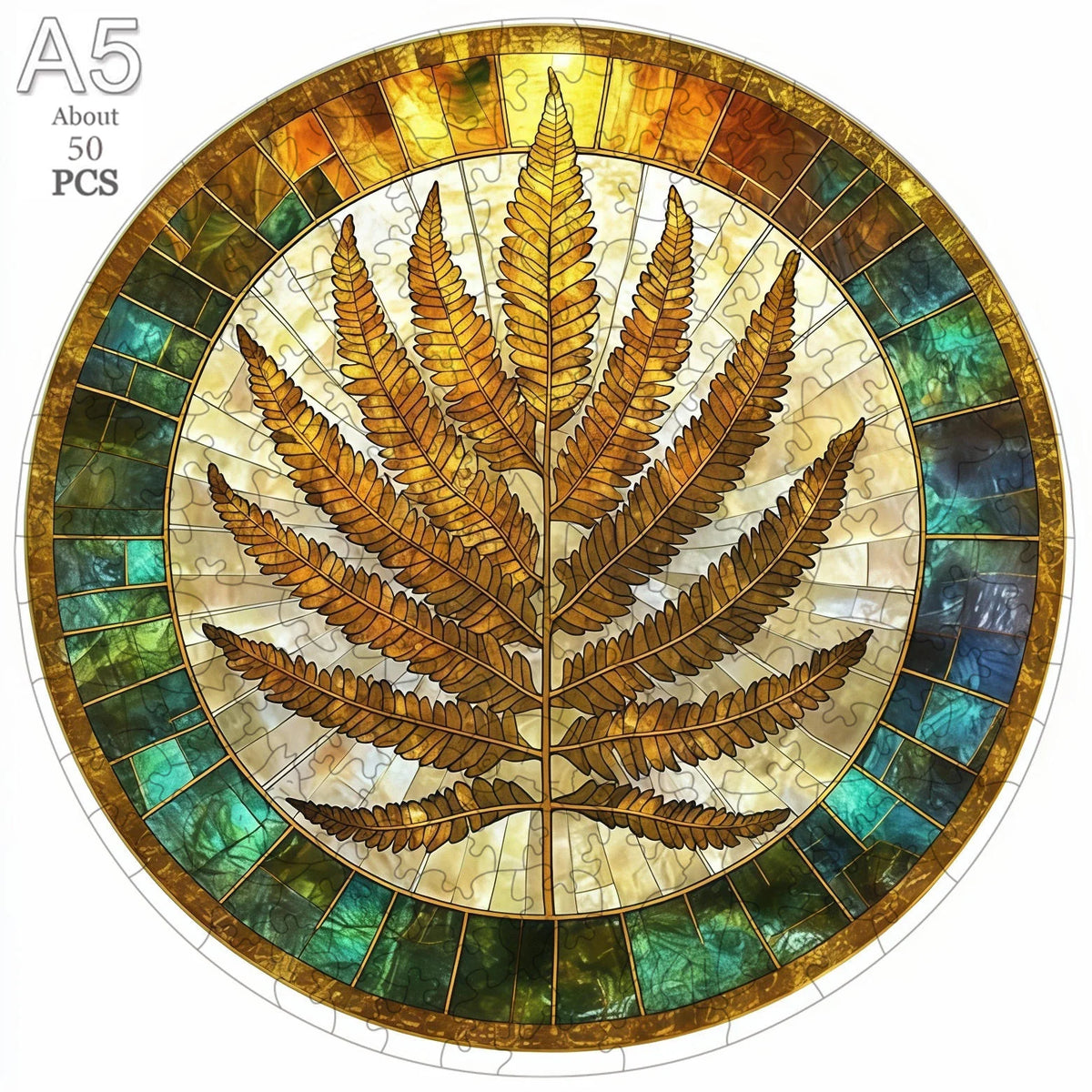 A circular wooden puzzle featuring a detailed leaf design with a golden and green color palette.