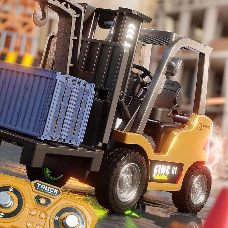 A detailed 1:64 scale remote control excavator toy in dark brown and yellow colors on a surface.