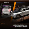 A detailed view of a white 4WD RC drift car with a black roof, featuring front and rear LED headlight design.