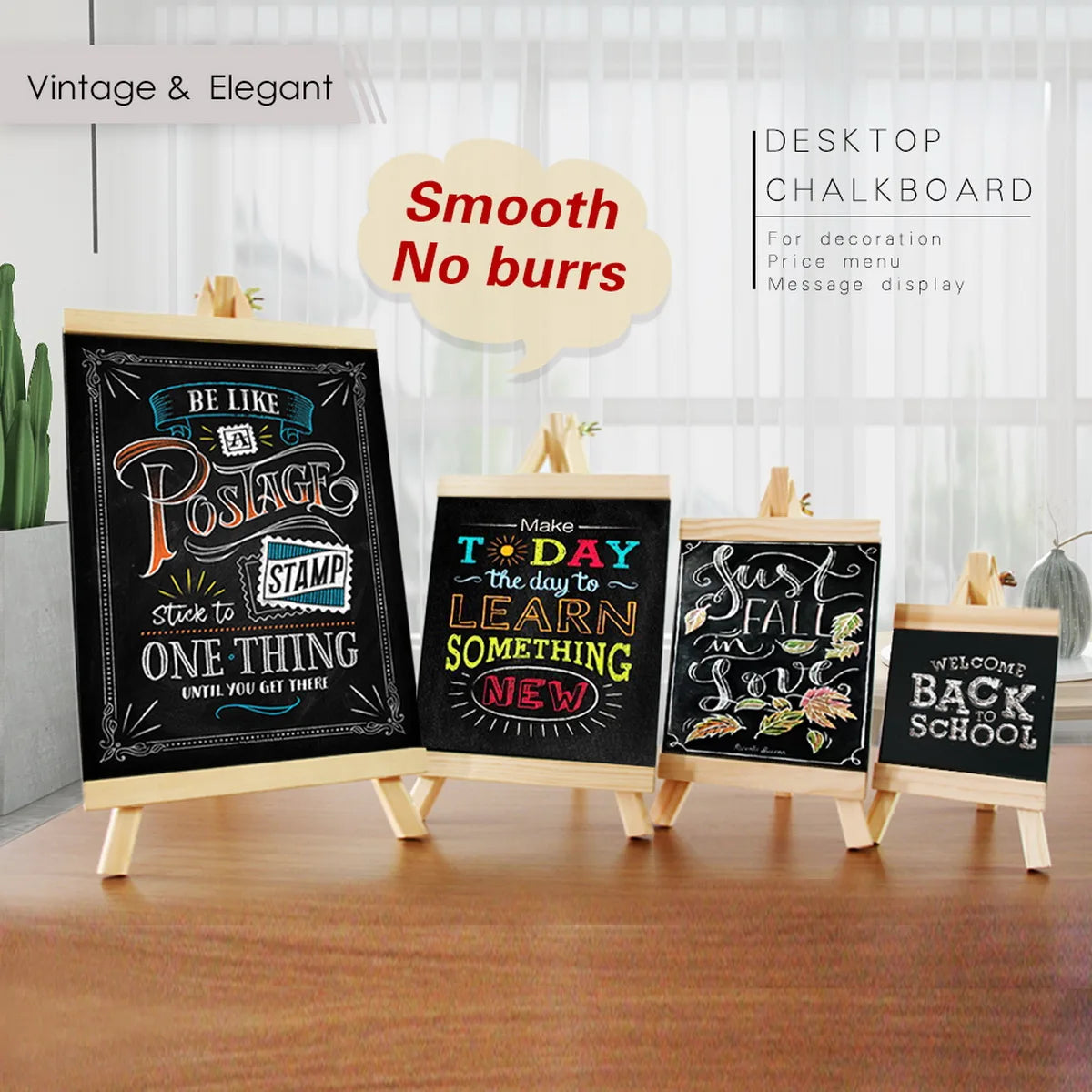 A set of three mini wooden chalkboard easels with vintage lettering for desktop display