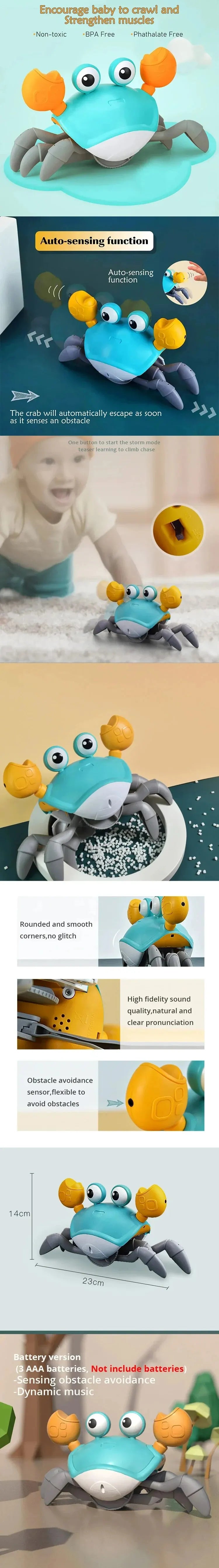 A blue and yellow interactive music crab toy designed for baby to crawl and strengthen muscles.