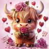 A cute, fluffy brown cow with pink roses and heart-shaped balloons