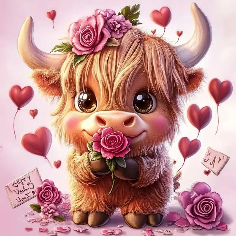 A cute, fluffy brown cow with pink roses and heart-shaped balloons