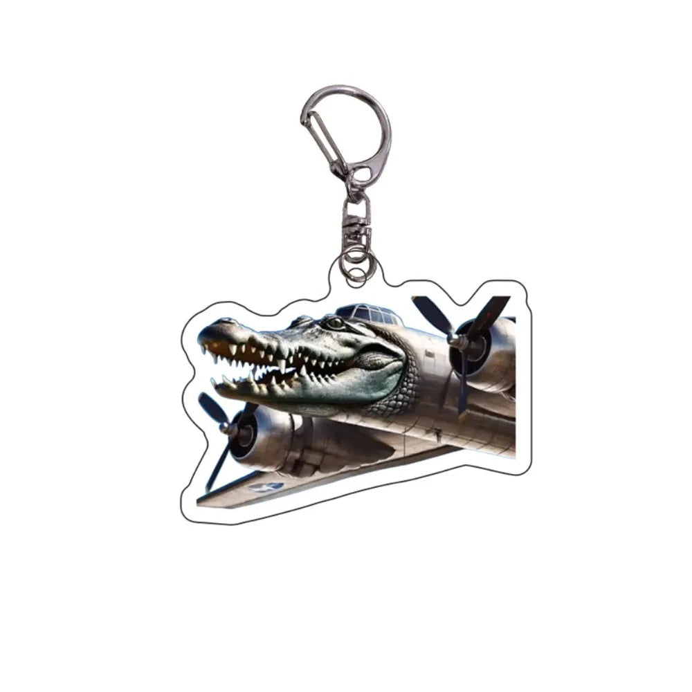 Acrylic keychain featuring a fierce crocodile or alligator design with a propeller and a hook.