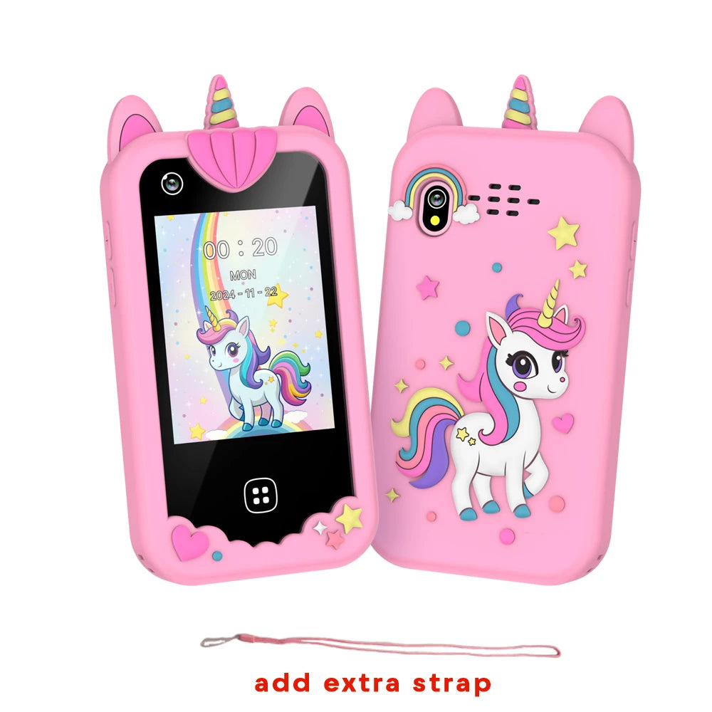 A pink kids' touchscreen phone with a unicorn design and an extra strap is shown.