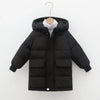 Black kids' thick cotton-padded parka jacket with a hood displayed on a hanger.