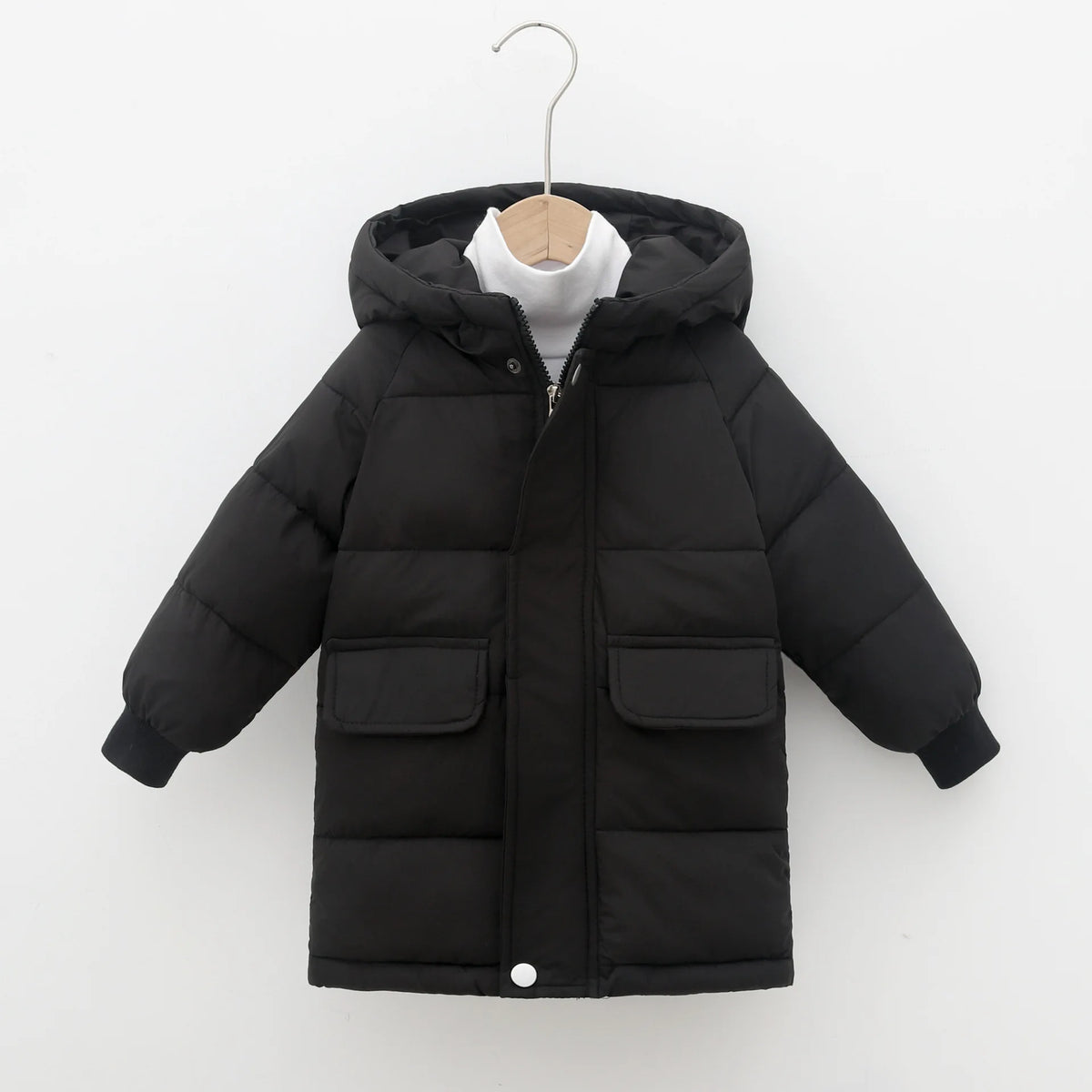 Black kids' thick cotton-padded parka jacket with a hood displayed on a hanger.
