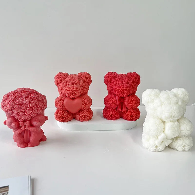3D Rose Love Bear Silicone Mold for Candles, Soap, and Resin Crafts