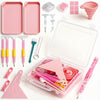 A pink diamond painting organizer kit featuring trays, dotting pens, and various tools in an open box.
