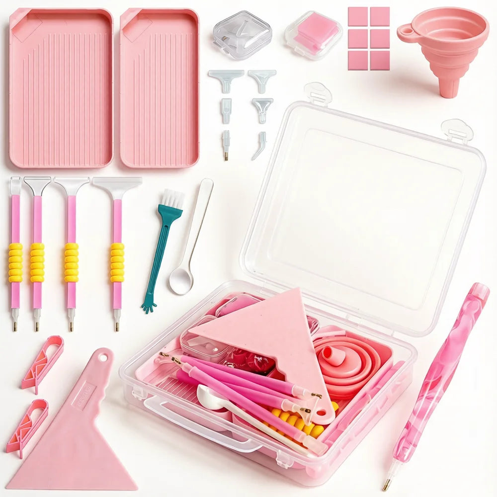 A pink diamond painting organizer kit featuring trays, dotting pens, and various tools in an open box.