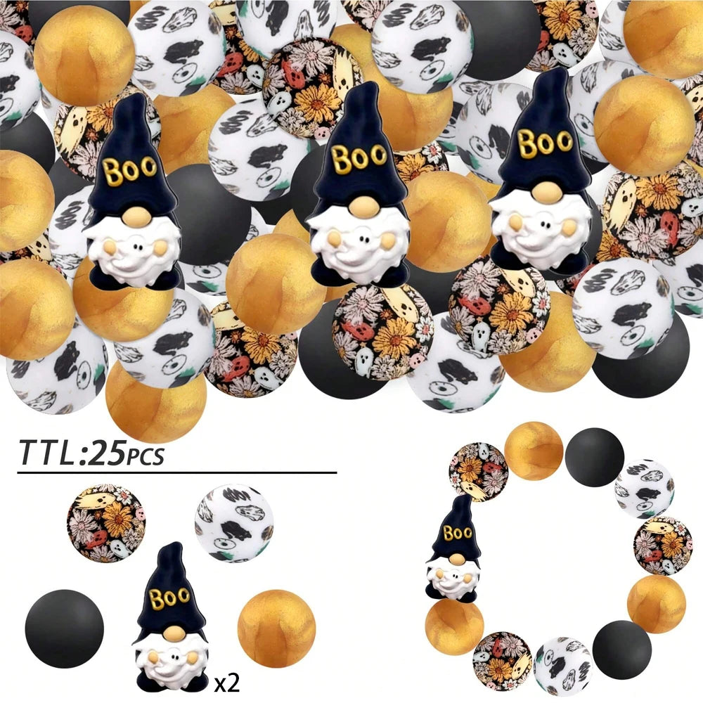 A set of 25 silicone Halloween-themed beads featuring black and white patterns, gold accents, and a black witch hat design.