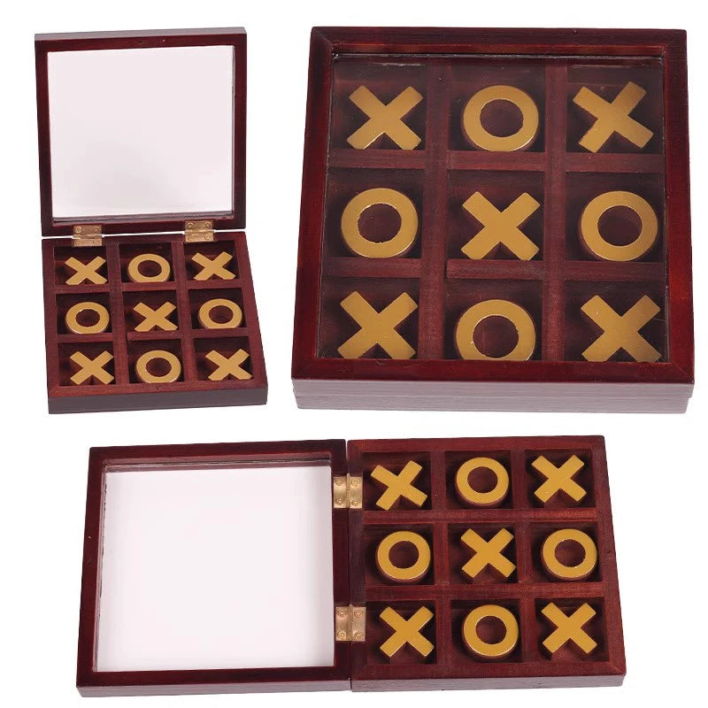 A wooden tic tac toe strategy game board with interlocking wooden pieces in gold and dark wood.