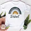 White t-shirt featuring a rainbow graphic and the name Robert printed on the chest