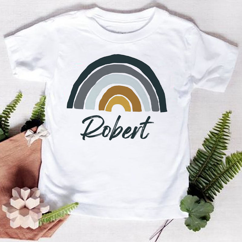 White t-shirt featuring a rainbow graphic and the name Robert printed on the chest
