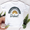 White t-shirt featuring a rainbow graphic and the name Robert printed on the chest