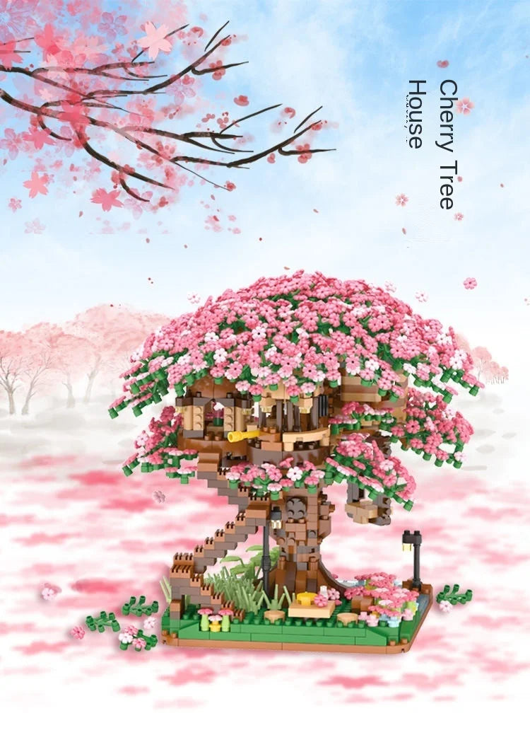 A detailed building block set of a cherry tree featuring pink blossoms and a small house structure.