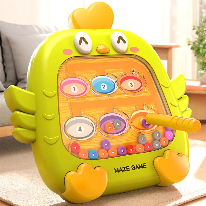 A bright yellow, squishy-looking puzzle board shaped like a cartoon character with magnetic color and number matching holes.