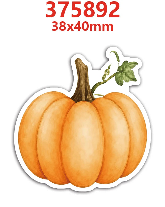 An autumn orange pumpkin with a green stem and leaves, used as flatback resin décor.