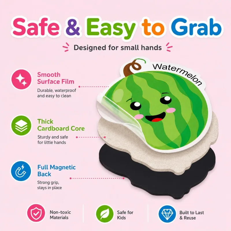 A green watermelon fruit is shown in a safe and easy to grab magnetic learning set designed for small hands.