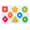 A set of eight wooden shapes including a square, star, polygon, round, diamond, triangle, and octagon for a toddler jigsaw pu
