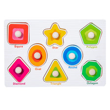 A set of eight wooden shapes including a square, star, polygon, round, diamond, triangle, and octagon for a toddler jigsaw pu