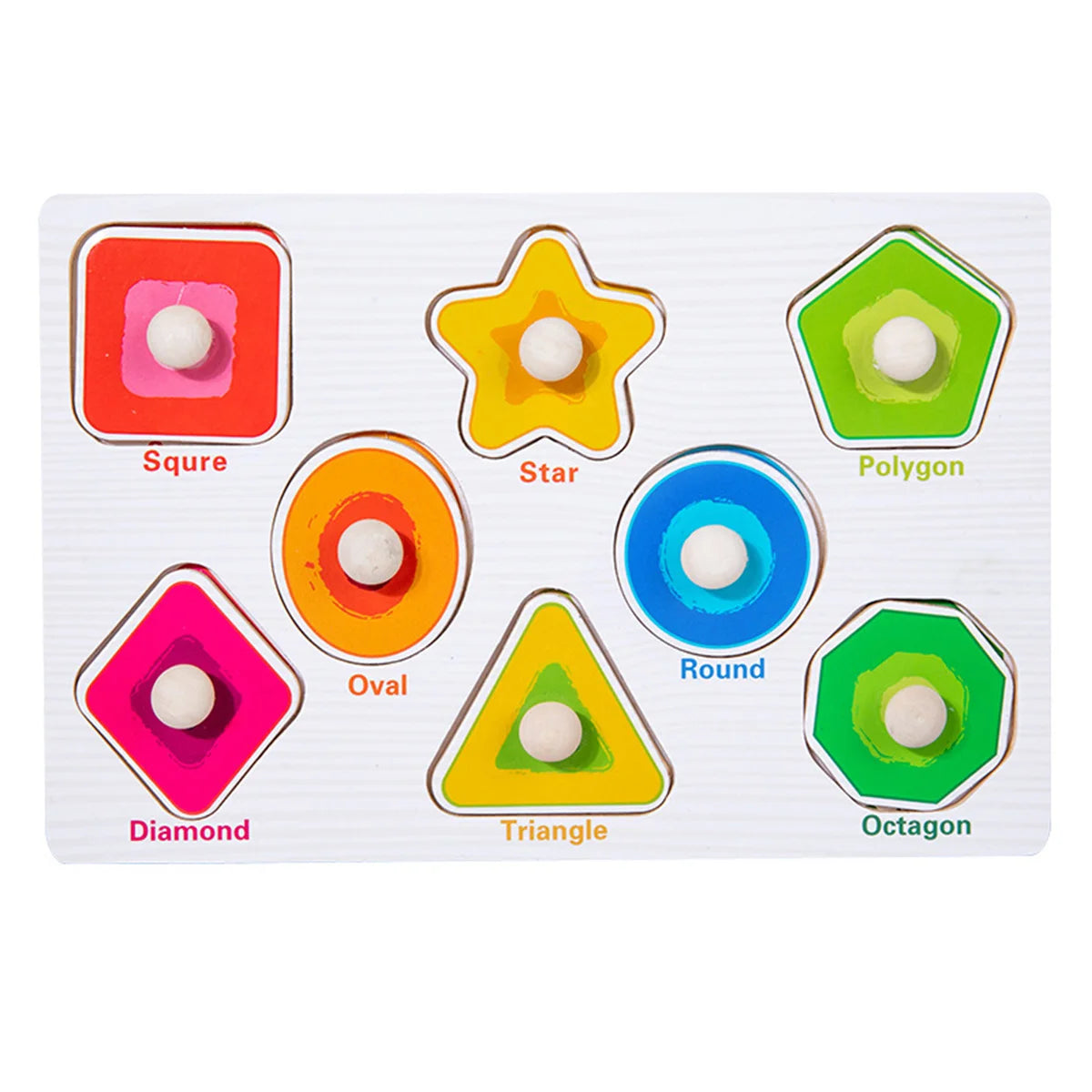A set of eight wooden shapes including a square, star, polygon, round, diamond, triangle, and octagon for a toddler jigsaw pu