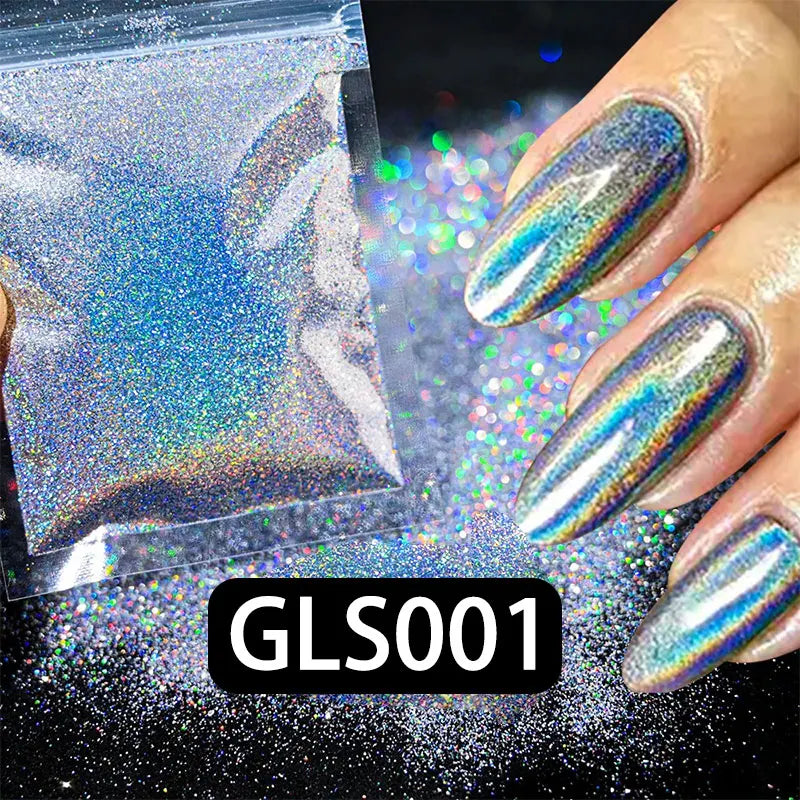 A hand displays a fingernail coated with iridescent holographic rainbow glitter nail polish.
