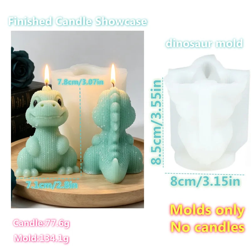 Finished candle showcase featuring a light green silicone dinosaur mold and a white candle.