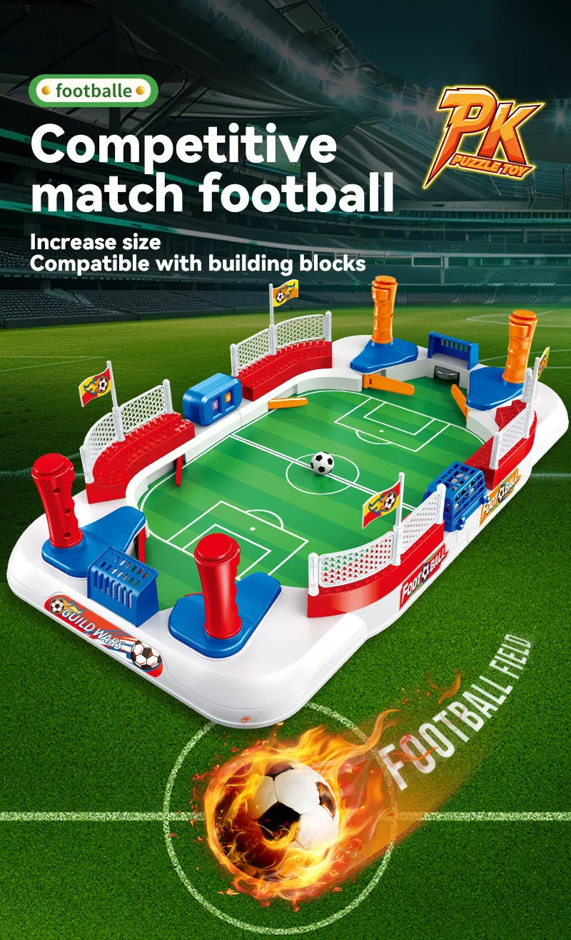 A competitive match football game featuring building blocks and a field setup for tabletop play.