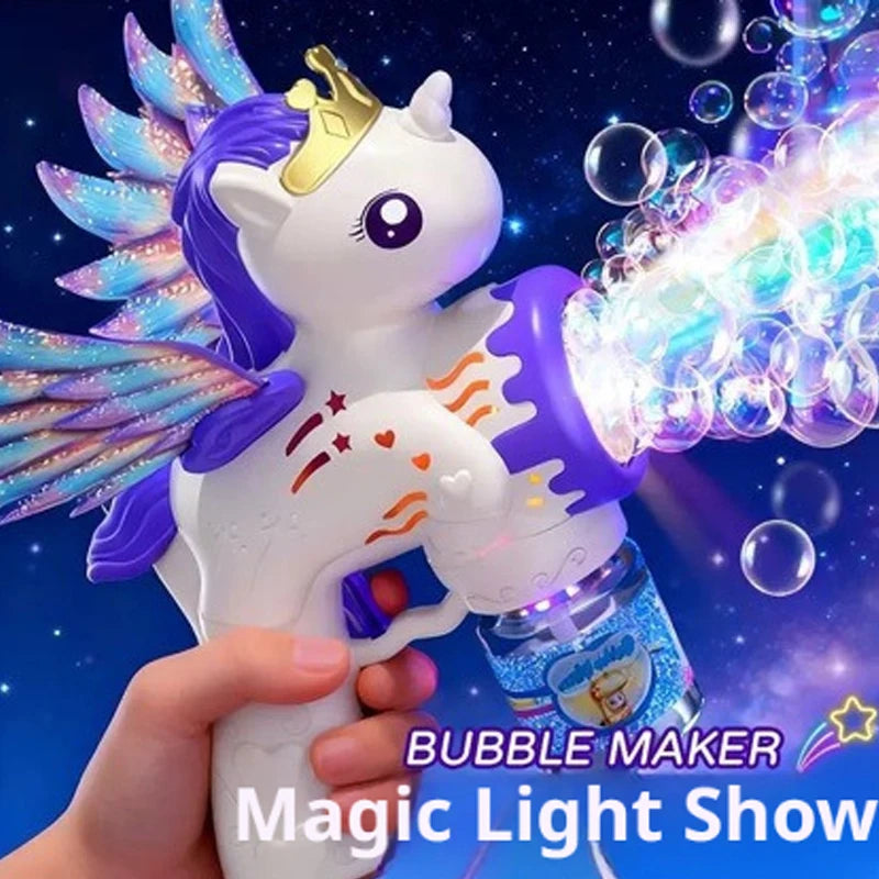 A hand holds a white unicorn figure that is a bubble maker and light show device against a dark, starry background.