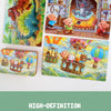 A collection of high-definition sticker technology jigsaw puzzles featuring wooden animals and vehicles for children.
