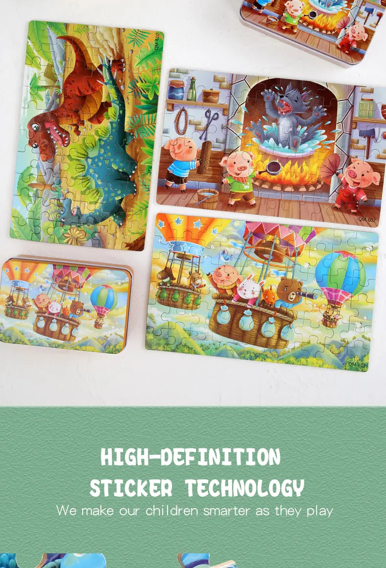 A collection of high-definition sticker technology jigsaw puzzles featuring wooden animals and vehicles for children.