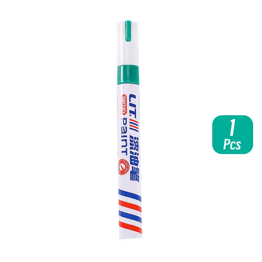 A set of permanent paint markers with a green and white body and striped tips.