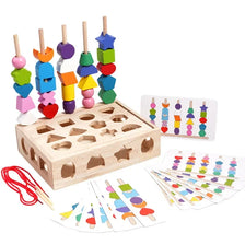 A wooden Montessori sorting toy featuring colorful shapes and colors stacked in a tower format.