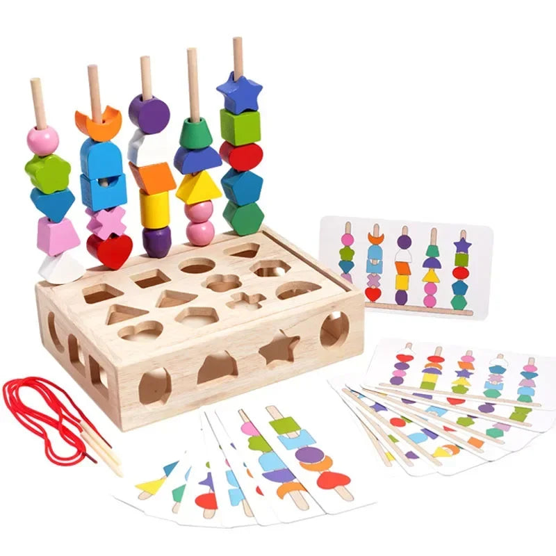 A wooden Montessori sorting toy featuring colorful shapes and colors stacked in a tower format.