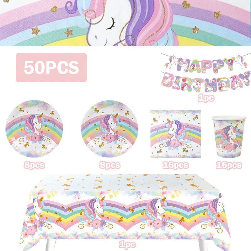 A collection of unicorn party supplies including a unicorn face, colorful decorations, and various paper items for a birthday