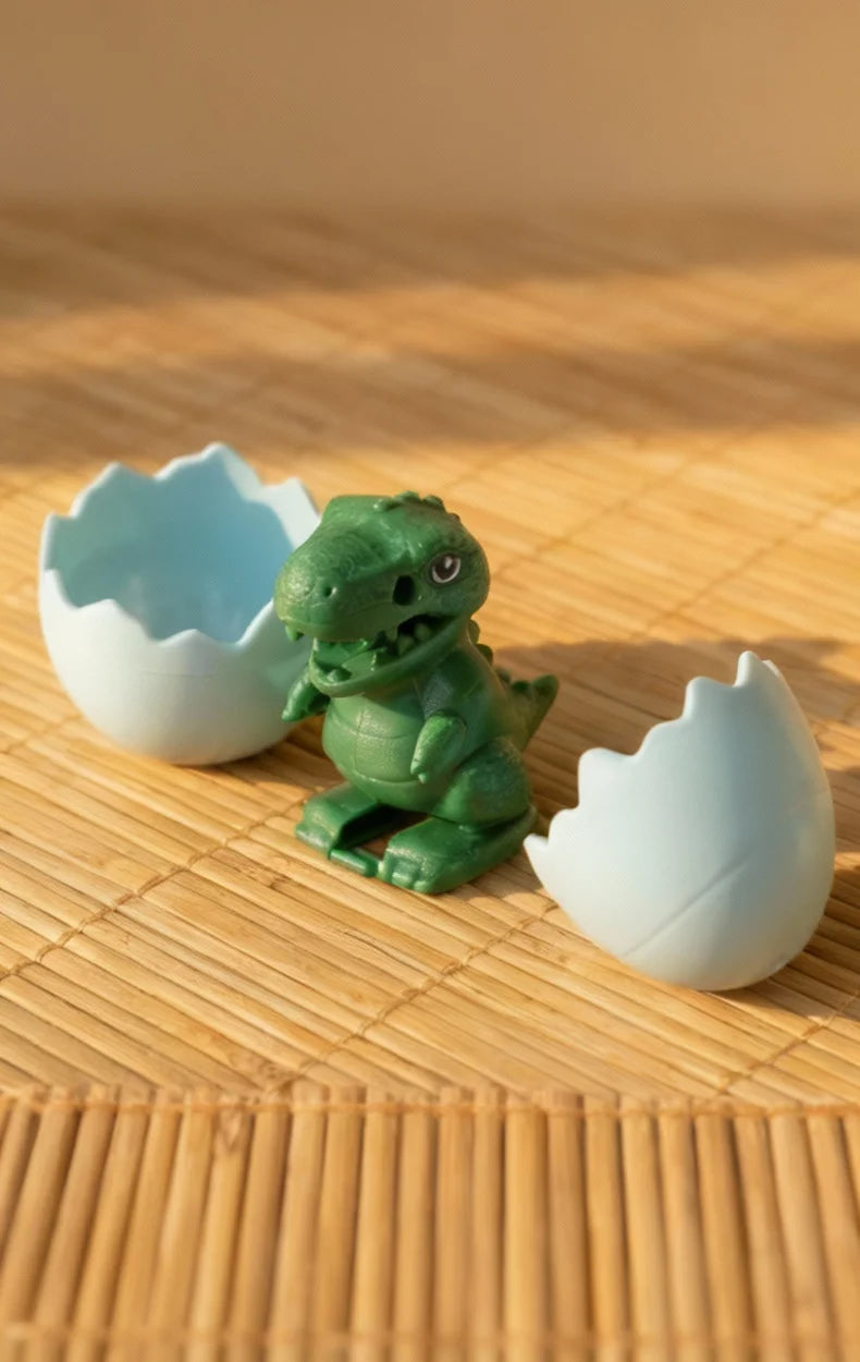 A green wind-up bouncing chick toy sits next to two white, shell-shaped molds on a wooden surface.