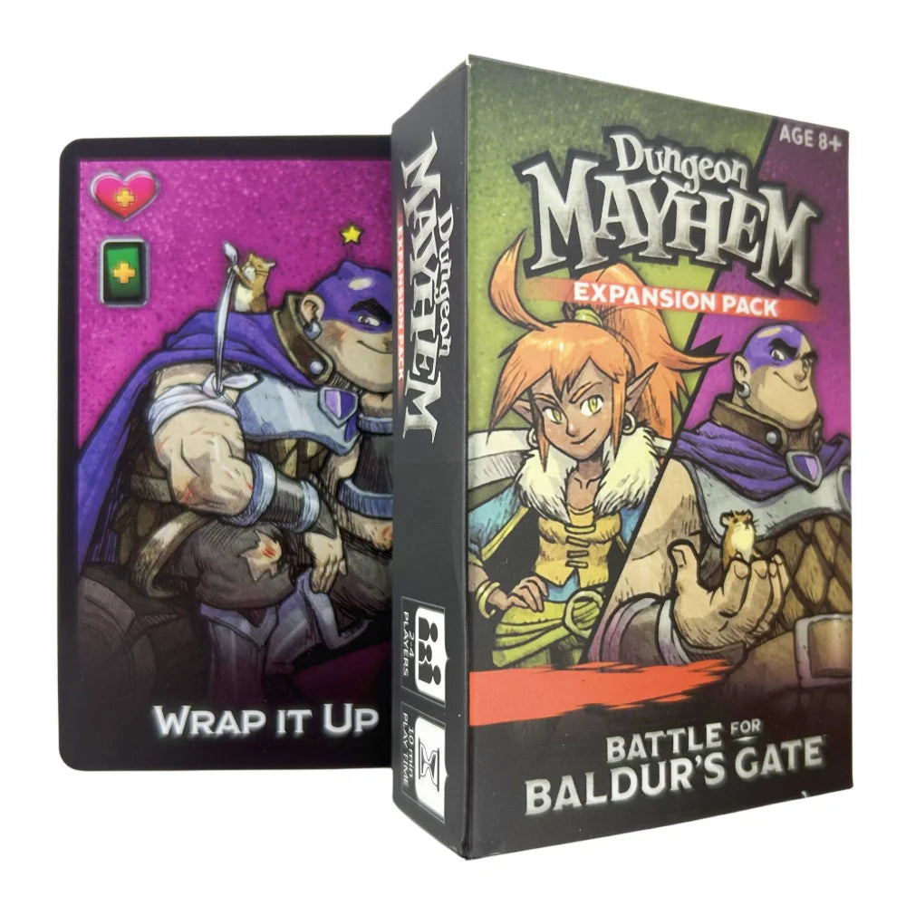 A box for the Dungeon Mayhem Expansion Pack featuring artwork of characters in a fantasy setting.