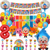 A collection of colorful balloons, banners, and decorations for a circus clown themed birthday party.
